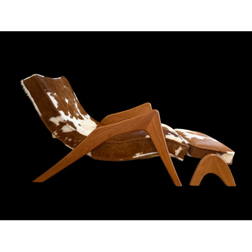 In the Style of Adrian Pearsall – "Crescent" Grasshopper Lounge Chair & Ottoman, Model 745-LB | Hair-on-Hide, Cherry