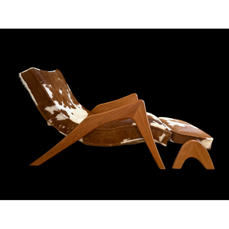 In the Style of Adrian Pearsall – "Crescent" Grasshopper Lounge Chair & Ottoman, Model 745-LB | Hair-on-Hide, Cherry