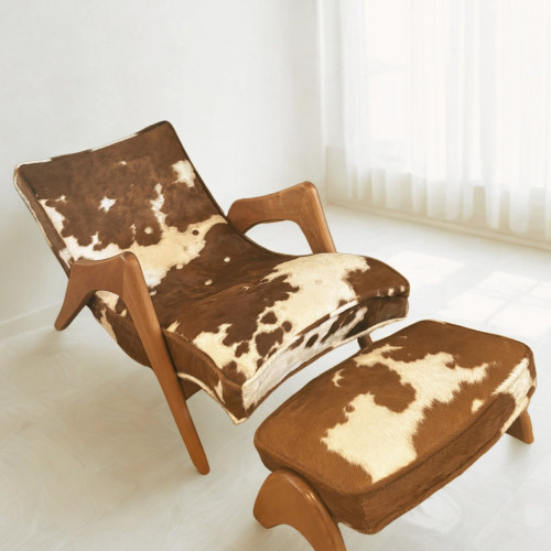 In the Style of Adrian Pearsall – "Crescent" Grasshopper Lounge Chair & Ottoman, Model 745-LB | Hair-on-Hide, Cherry