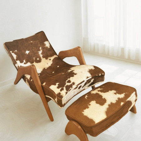 In the Style of Adrian Pearsall – "Crescent" Grasshopper Lounge Chair & Ottoman, Model 745-LB | Hair-on-Hide, Cherry