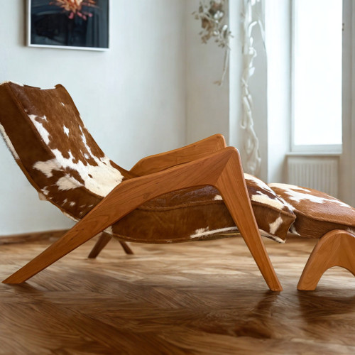 In the Style of Adrian Pearsall – "Crescent" Grasshopper Lounge Chair & Ottoman, Model 745-LB | Hair-on-Hide, Cherry