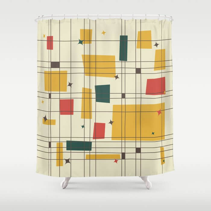 Midcentury bathroom abstract-pattern shower curtain.