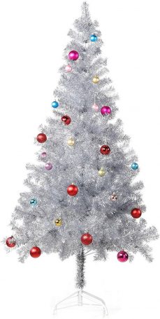 An aluminum-colored Christmas tree with an array of purple, blue, and red ornaments.