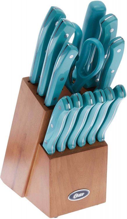 Oster Evansville 14 Piece Cutlery Set, Stainless Steel with Turquoise  Handles 