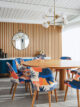 blue and coral upholstered chairs in Palm Springs home