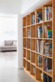 bookshelf in mid century modern home