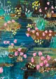 modern expressionist style painting of pond with pink flowers