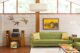 living room with clean lined furniture, clerestory windows and vinyl record player and vintage speakers