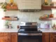 green backsplash tiles terrazzo floor and wood cabinetry in renovated kitchen in Minnesota