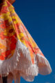 floral fringed umbrella against fall sky