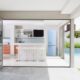 iio blue fridge in modern poolhouse