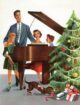 illustration of a 1950s family singing around the piano near a decorated Christmas tree